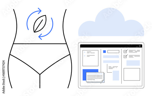Minimalist design featuring a female torso with digestive icon, cloud, and webpage for holistic health management. Ideal for health apps, wellness tracking, data access, organization, planning