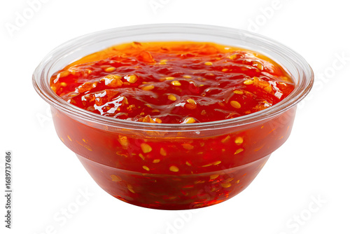 Spicy red sauce in a clear plastic cup (2)