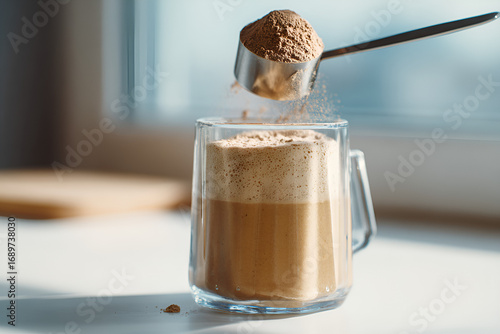 Preparing a quick breakfast smoothie with coffee and protein powder