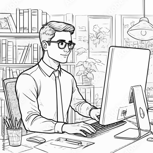 Young man working on computer in a cozy library office  