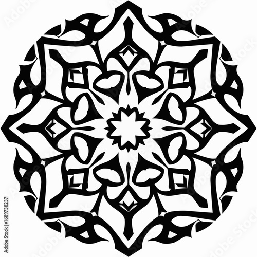 Symmetrical black and white mandala design with intricate patterns  