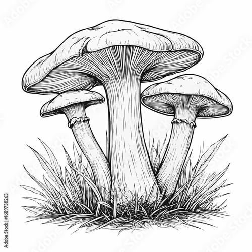 Black and white illustration of three mushrooms in grassy field  