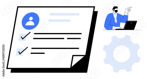 Task checklist and document with user icon, checkmarks, and settings gear. Manager at laptop pointing. Ideal for HR, workflow management, productivity, collaboration, responsibility organization