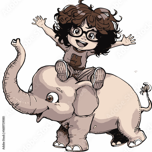 Joyful child with curly hair and glasses riding on the back of a friendly elephant, symbolizing adventure and happiness in a whimsical cartoon style