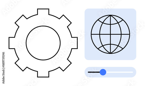 Gear beside globe icon and slider indicating customization, global settings, and adjustments. Ideal for technology, customization, global reach, optimization, interface design, settings and process