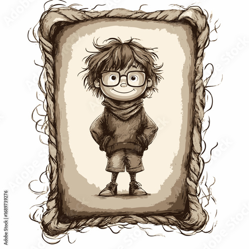 Whimsical illustration of a happy young boy with glasses and messy hair, wearing a scarf and shorts, framed by a rustic rope border