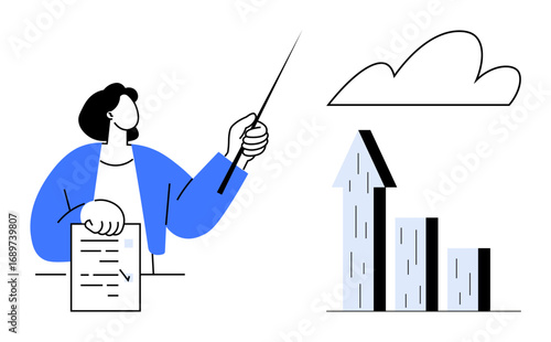 Female leader pointing at upward arrow bar chart while holding a document, symbolizing success, analytics, teamwork, growth, strategy, business planning. Ideal for presentations, reports website