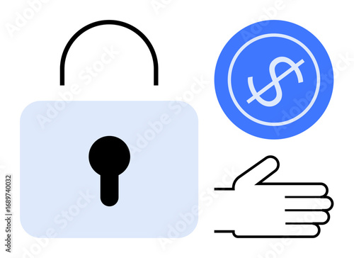 Lock representing data safety, dollar icon symbolizing finances, and a hand for interaction. Ideal for security, trust, money management, control, online transactions, privacy and simple flat