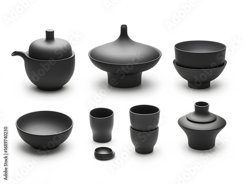 Elegant Black Ceramic Tea Set Bowls and Cups Still Life