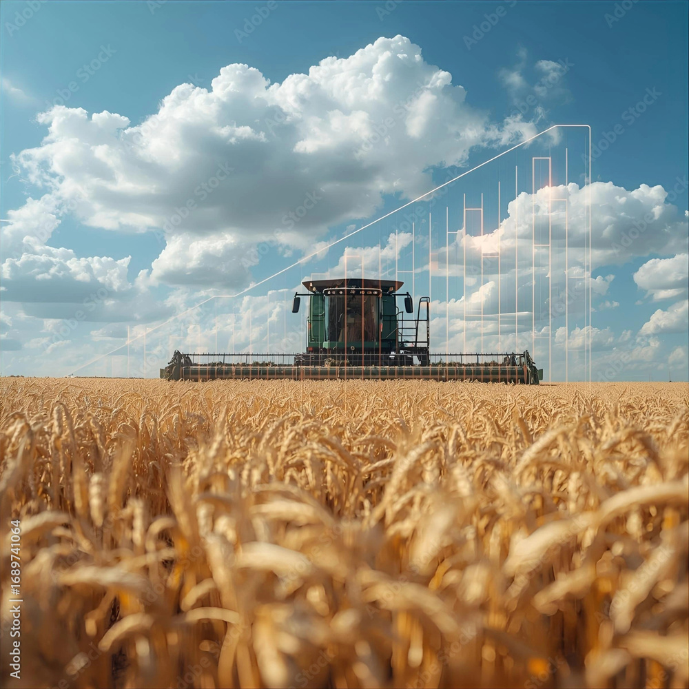 Fototapeta premium Agricultural machine harvesting grain across vast country sky e landscape