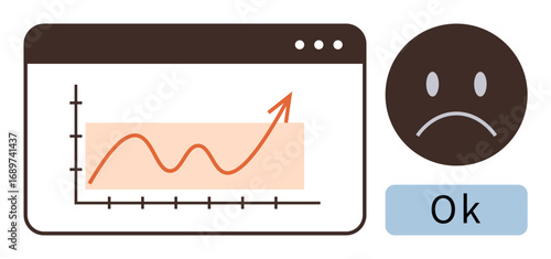 Graph with fluctuating trendline on browser window and a sad face icon next to Ok. Ideal for business analytics, feedback, performance tracking, data analysis, customer satisfaction, digital tools
