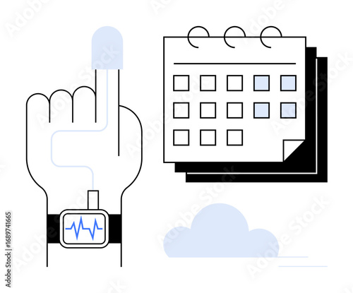 Finger with pulse sensor connected to a smartwatch displaying vitals, placed near a calendar. Ideal for health tracking, medical planning, wearable tech, wellness goals, self-monitoring, scheduling
