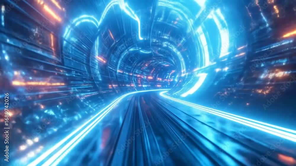 Futuristic cybernetic tunnel with neon lights creating a technological ambiance