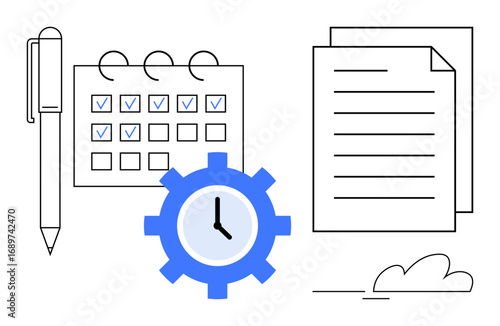 Pen, calendar with checked tasks, mechanical clock gear, stacked documents. Ideal for productivity, planning, scheduling, workflow deadlines task prioritization office organization. Simple flat