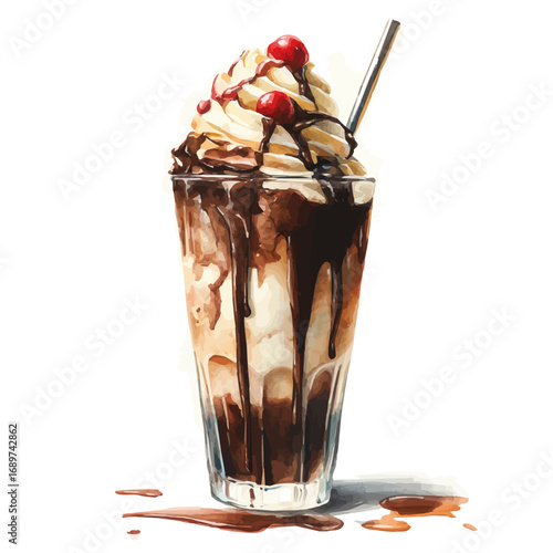 Ice Cream Sundae, watercolor clipart vector, isolated on a white background.