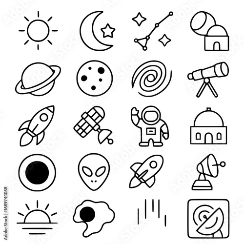A collection of black and white line art icons depicting various celestial bodies, space exploration elements, and astronomical objects.