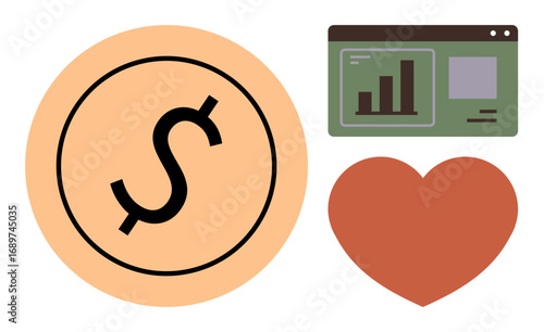 Dollar coin, heart, and analytics dashboard symbolize financial planning, emotional well-being, business insights. Ideal for finance, health, analytics, balance decision-making relationships
