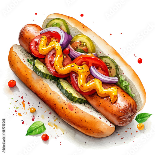 Hot Dog, watercolor drawing vector, isolated on a white background.