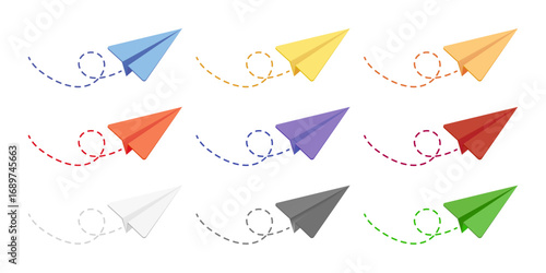 Colorful Folded Paper Airplane Icon Set – Simple Realistic Paper Plane Vector Collection Isolated on White Background. Vector.