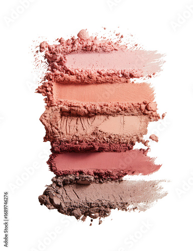 Close-up of a blush palette, showing five shades of pink and peach powder.  The shades are swiped in vertical rows