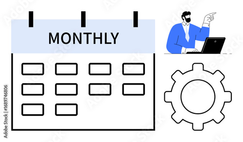 Calendar marked monthly, large gear symbolizing workflow, and person at laptop pointing. Ideal for planning, organization, workflow, productivity, scheduling project management teamwork. Clean flat