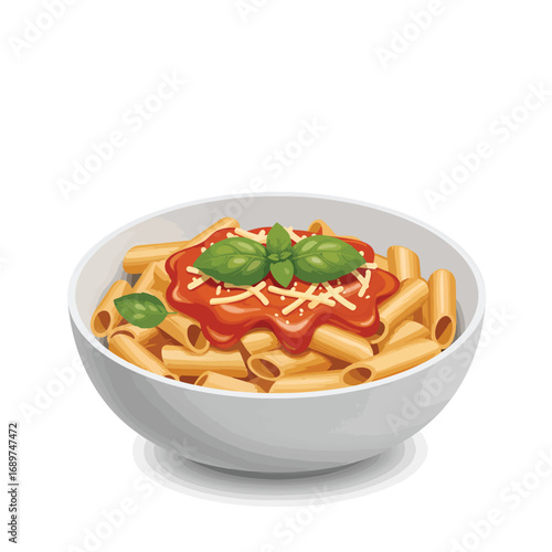 Vector Illustration of Pasta Bowl with Tomato Sauce and Basil in Modern Style