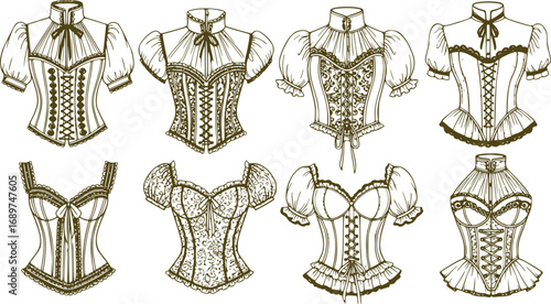 Set of Vintage Corset Top Vector Sketches, Romantic Gothic Fashion Illustrations, Hand-Drawn Historical Costume Design for Halloween and Dark Academia Style