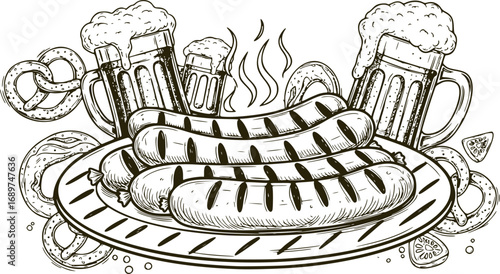 Grilled Sausage Frame with Hand-Drawn Fast Food Illustrations, Barbeque Party Sketched Banner, Black and White German Food Sketches and Oktoberfest Background Design