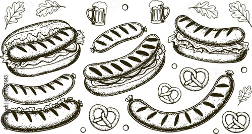 Grilled Sausage Frame with Hand-Drawn Fast Food Illustrations, Barbeque Party Sketched Banner, Black and White German Food Sketches and Oktoberfest Background Design