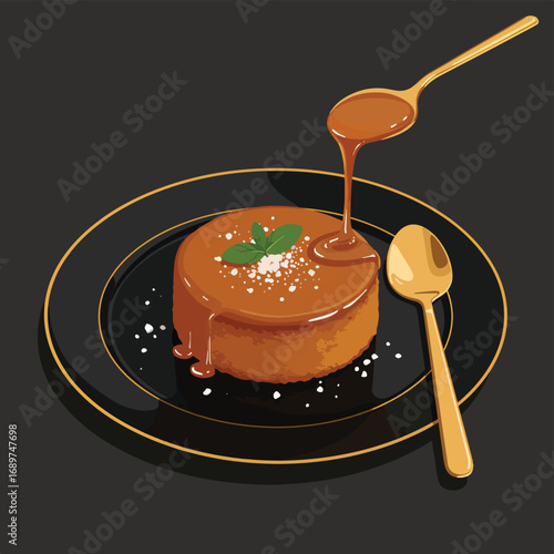 Vector Illustration of Caramel Flan Dessert with Mint Garnish in Modern Realistic Style