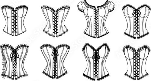 Set of Vintage Corset Top Vector Sketches, Romantic Gothic Fashion Illustrations, Hand-Drawn Historical Costume Design for Halloween and Dark Academia Style