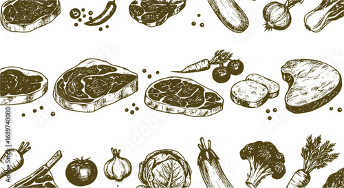 Healthy Food Seamless Ribbon with Vintage Style Meat and Vegetable Vector Background, Raw Steaks Sketches and Hand-Drawn Food Illustrations