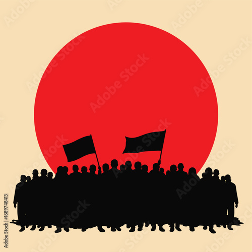Silhouette Vector Illustration of Protest Crowd with Flags in Front of Large Red Sun in Modern Minimalist Style