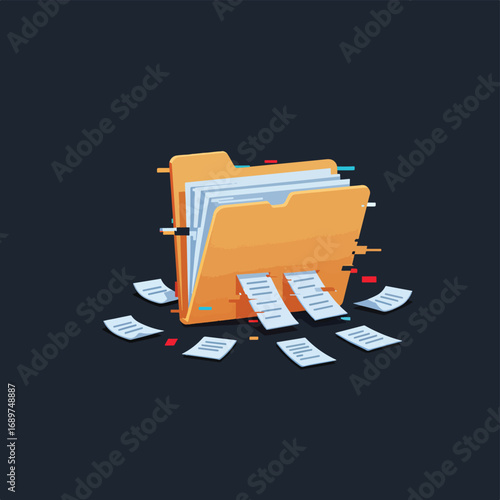 Vector Illustration of Disorganized Folder with Papers in Modern Flat Style in Orange and Blue Colors