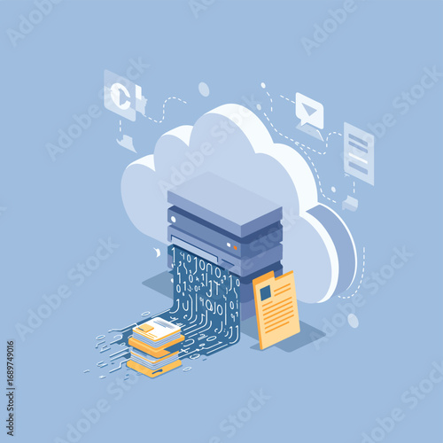 Vector Illustration of Cloud Data Storage with Binary Code and Digital Files in Modern Flat Style in Blue and Orange Colors for Technology and Data Management