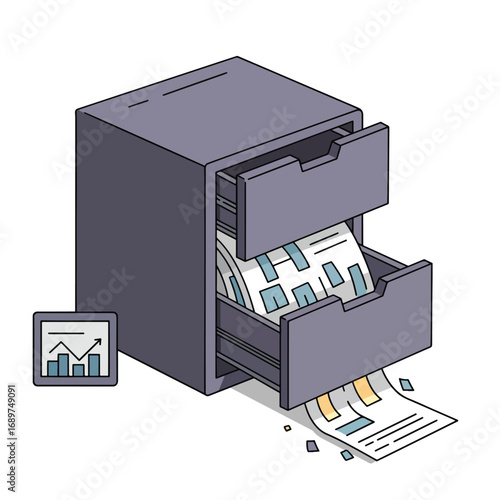 Vector Illustration of Data Printer with Paper Output in Modern Minimalist Style with Blue and Gray Color Scheme