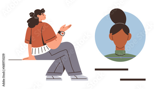 Woman in casual attire gestures while seated, facing an avatar headshot in a circular frame. Ideal for communication, profile presentation, user interaction, remote work, relationship, connection