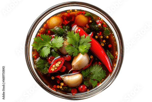 Glass bowl of spicy Asian sauce, garnished