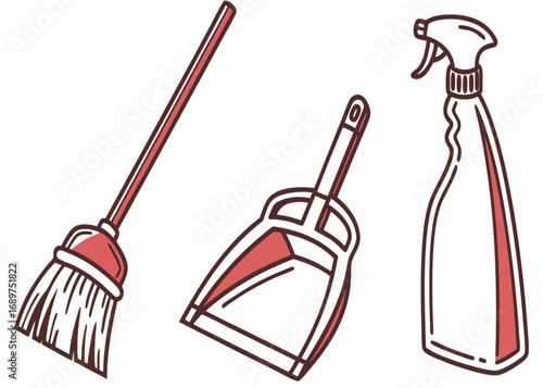 Collection of cleaning supplies icons including broom and dustpan