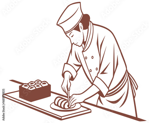 Skilled chef meticulously preparing fresh sushi rolls with precision