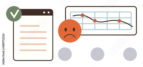 Sad face highlights declining data trend on graph, green checkmark marks approved document. Ideal for business analytics, performance review, failure analysis, data insights, progress tracking