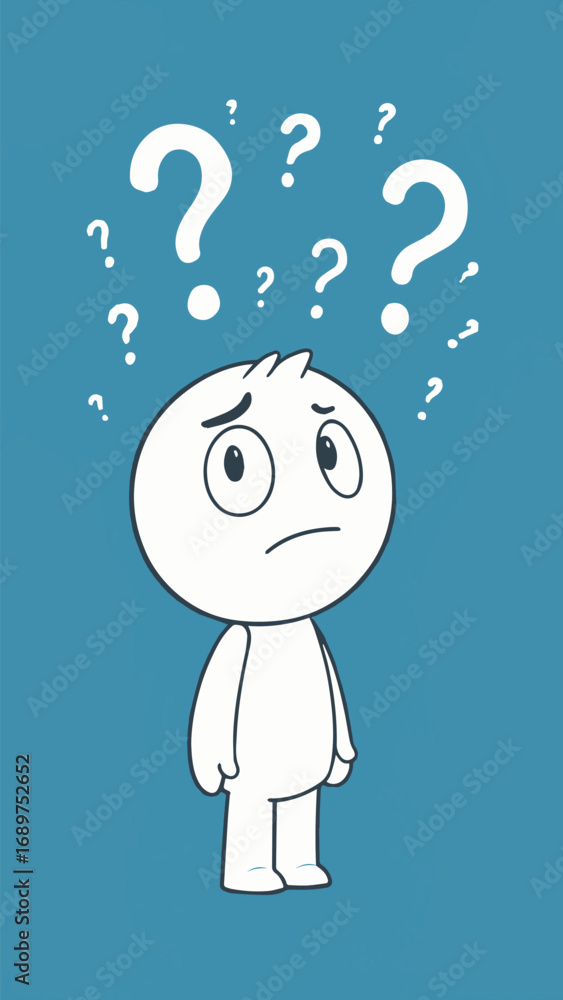 Obraz premium Confused Cartoon Character with Many Question Marks