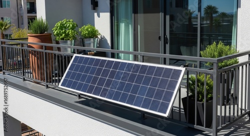 Blue angled solar panel on balcony of white apartment building with potted greenery, bright daylight, Las Vegas, USA