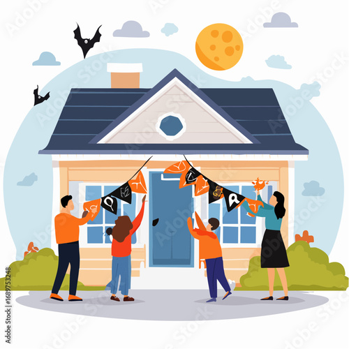 Family decorating house with halloween pennants under full moon, creating festive atmosphere for spooky holiday night.