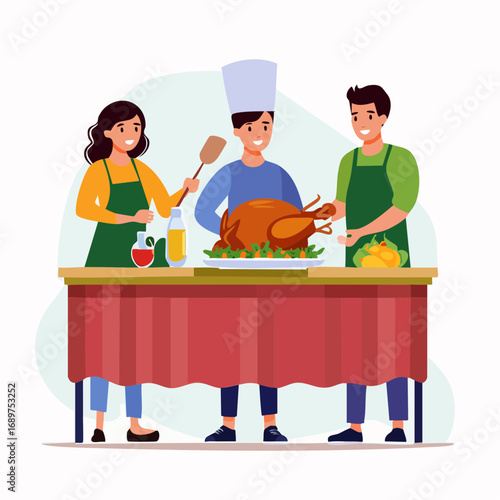 Three cheerful cooks prepare roasted turkey on table in kitchen with festive tablecloth for holiday dinner, showcasing teamwork and culinary skills.