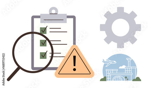 Magnifying glass over checklist, warning triangle, gear icon, and airport scene with airplane. Ideal for safety, quality control, audit, aviation engineering process improvement compliance. Simple