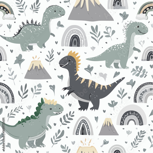Whimsical illustration featuring friendly dinosaurs, rainbows, and volcanic mountains on a white background.