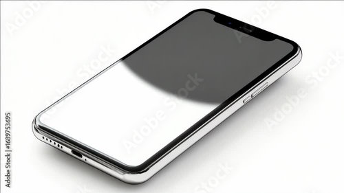 The shows a modern smartphone with a sleek design and shiny finish, sitting on a white table. It represents advanced technology and the convenience of mobile devices.