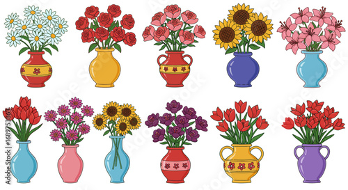 Colorful collection of flower bouquets and vases