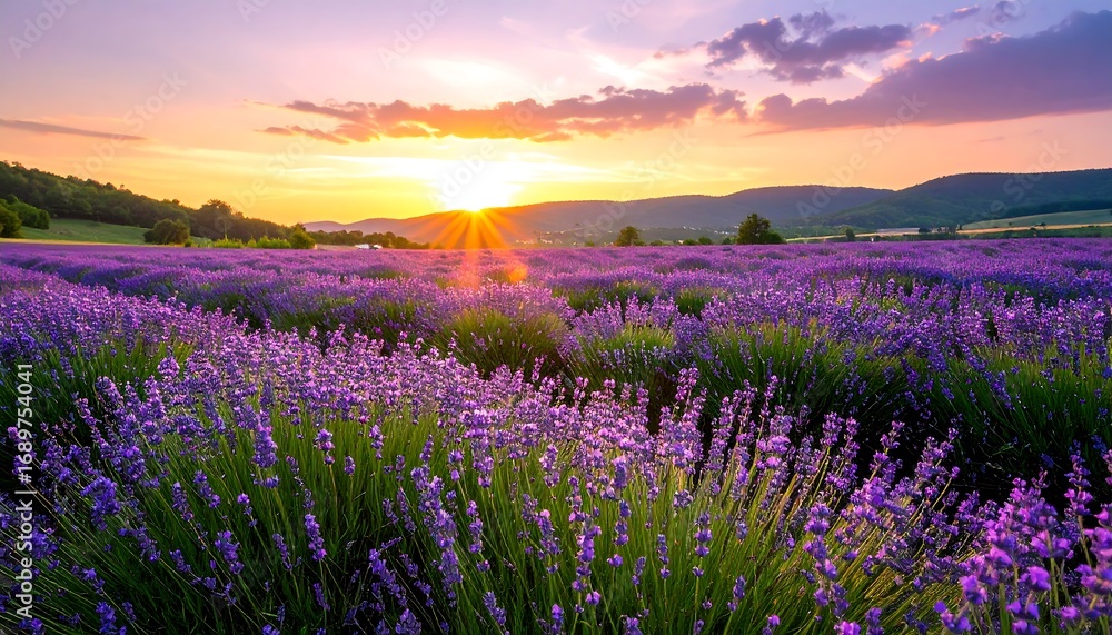 Naklejka premium Lush lavender field at sunrise